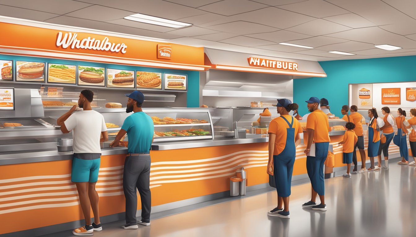 A bustling Whataburger restaurant with a colorful menu board displaying various food items and prices, customers ordering at the counter, and staff preparing meals in the kitchen