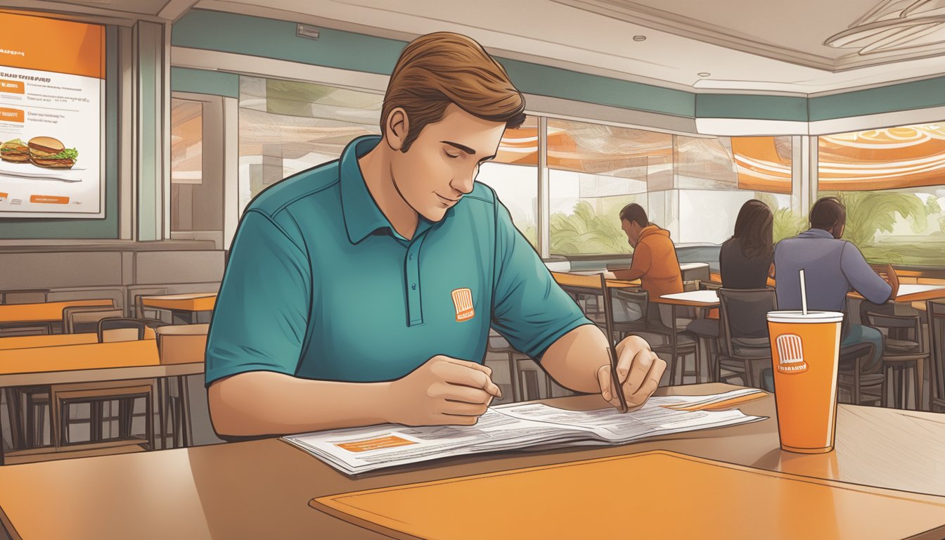 A person examining a Whataburger allergen menu at a table in the restaurant