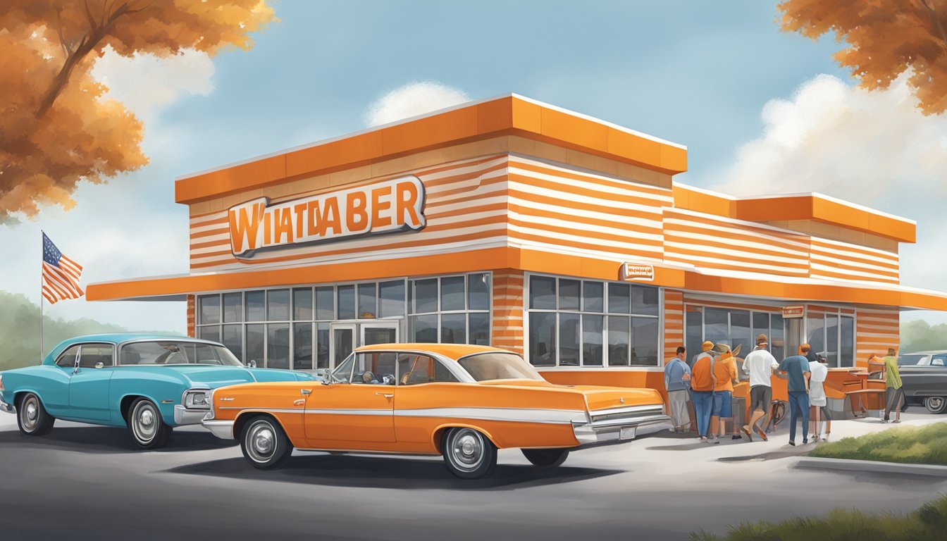 A bustling Whataburger restaurant in Tennessee, with the iconic orange and white striped building and a drive-thru line of hungry customers