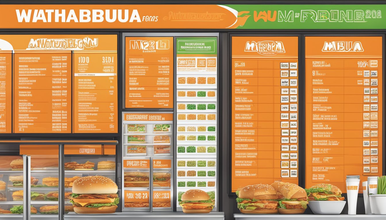 A colorful menu board displays Whataburger's nutritional information and add-ons with corresponding prices for the year 2024