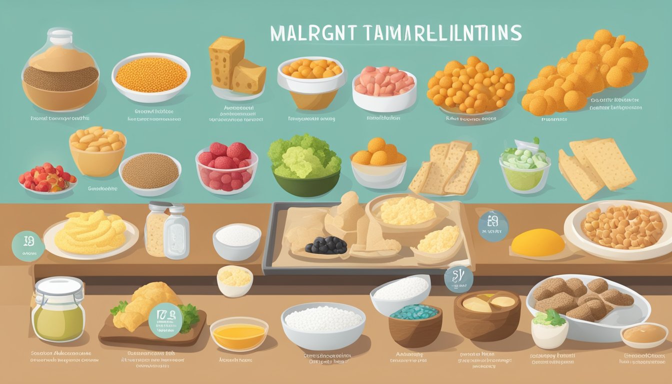 A table with a variety of food items, some labeled with allergen icons, and a list of customization options