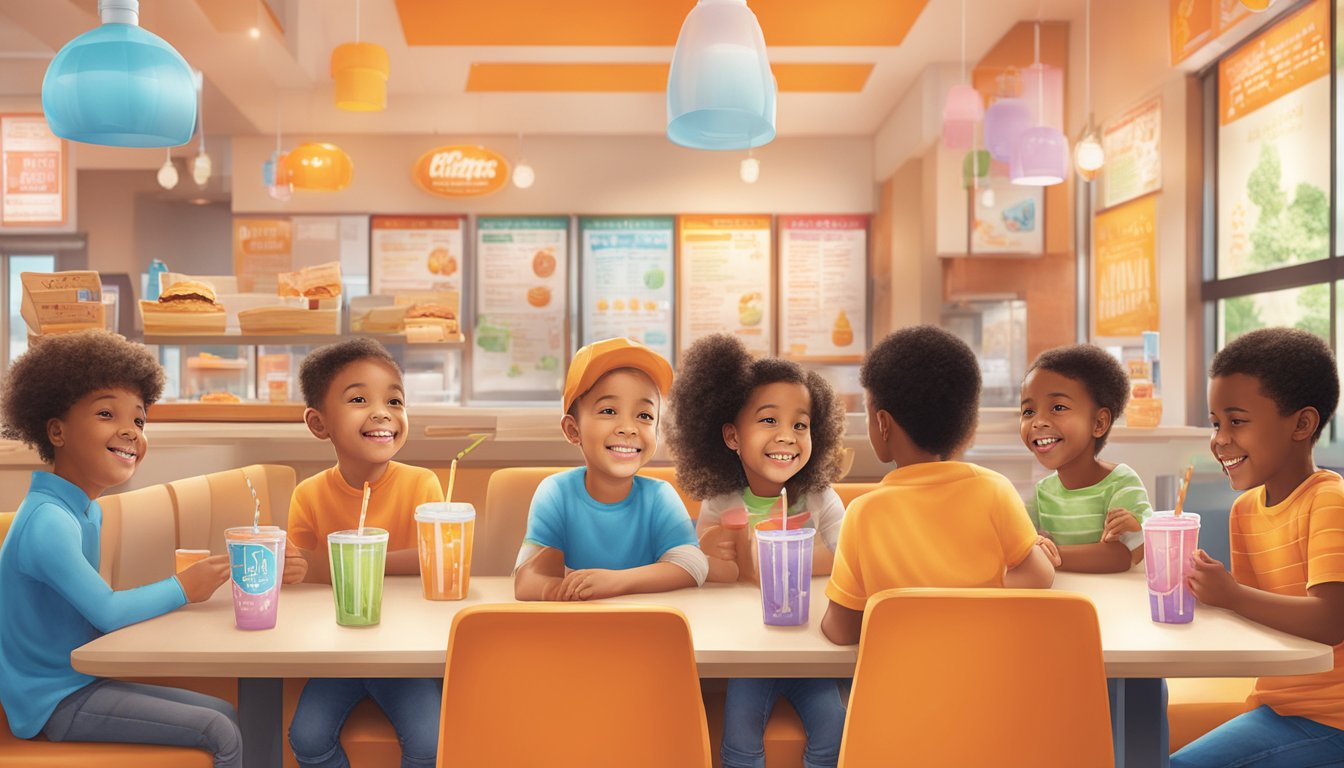 A group of happy kids sitting at a table with colorful drinks and a menu displaying allergen information at Whataburger