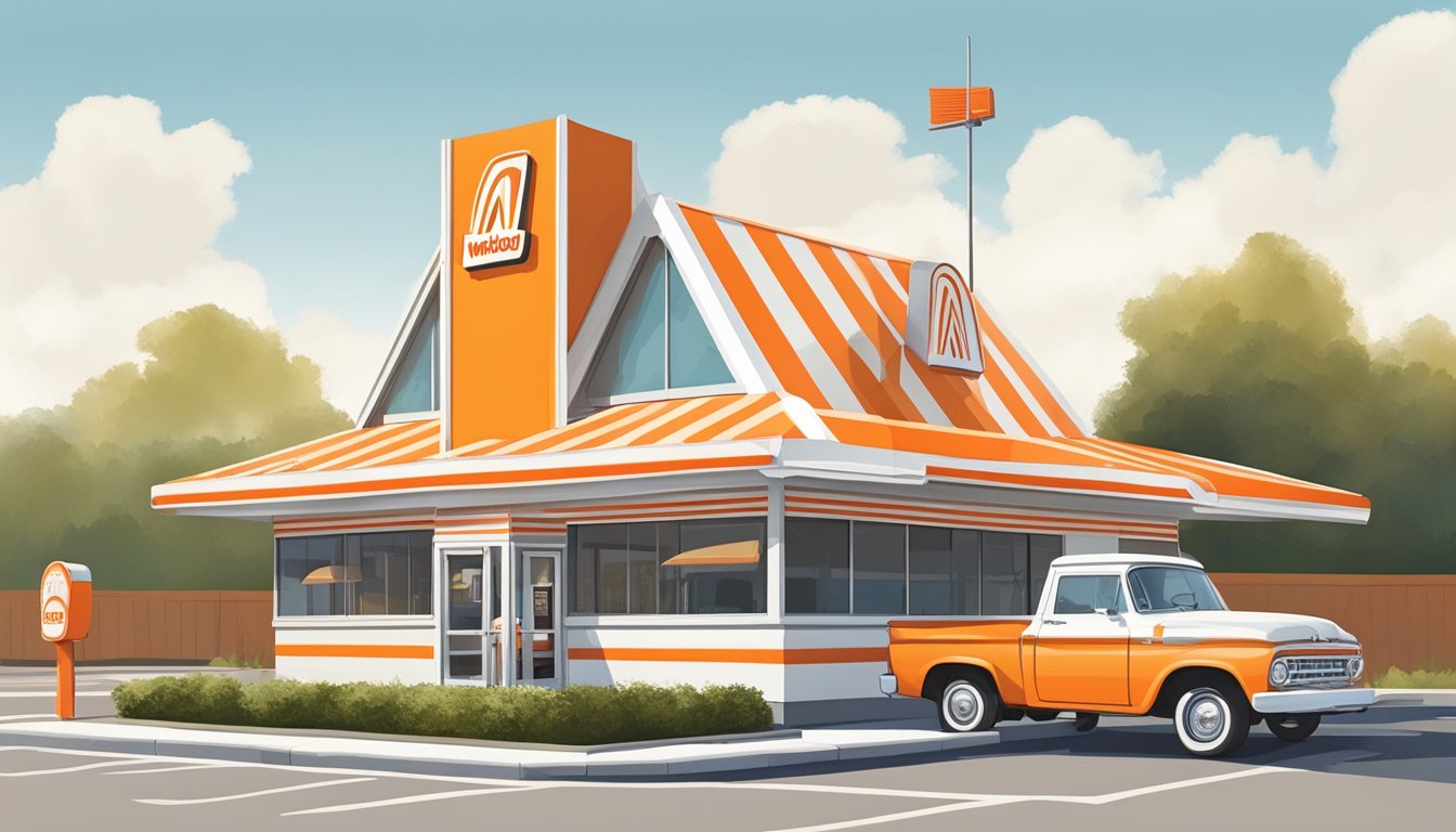 The iconic orange and white striped A-frame building of a Whataburger in Tennessee, with a retro sign and a drive-thru lane