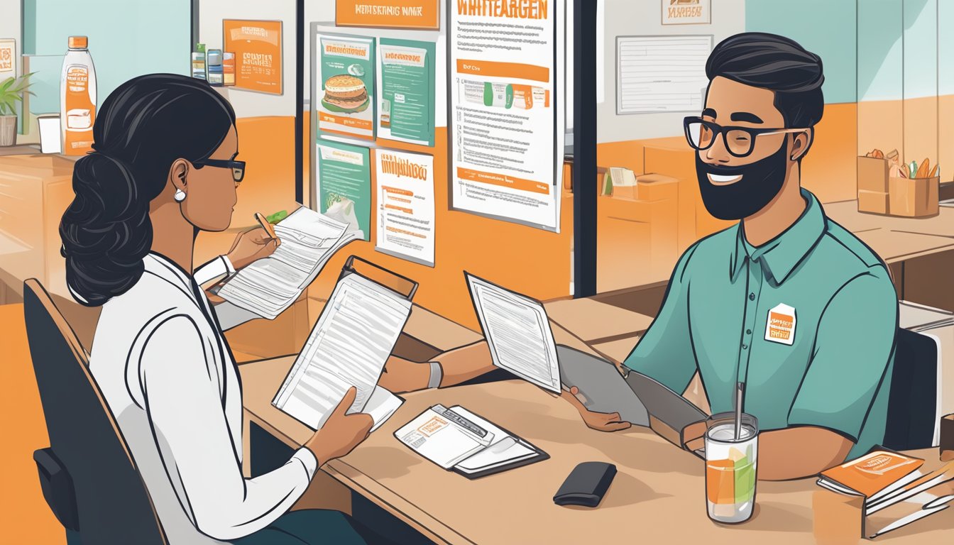 A customer service representative assists a customer with the Whataburger allergen menu, while additional resources are neatly organized on a desk