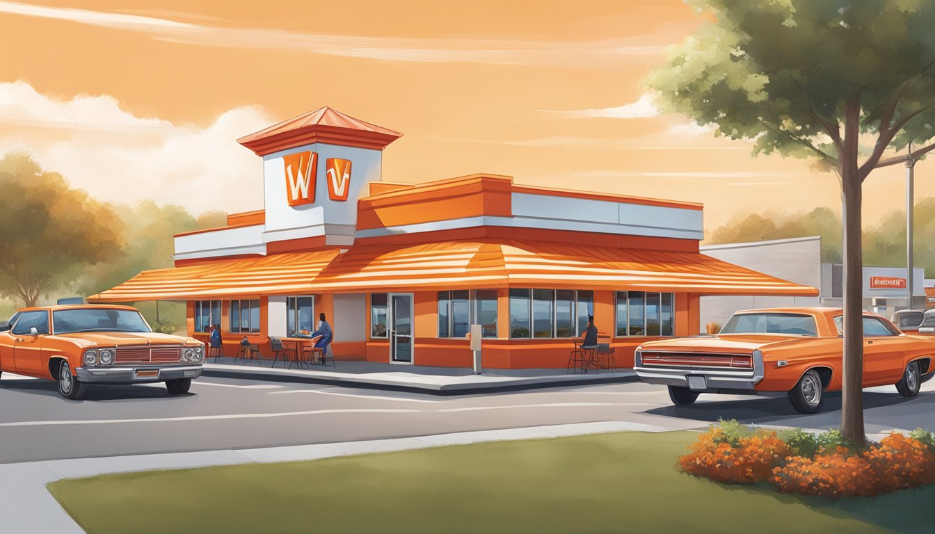 A bustling Whataburger restaurant in Tennessee with a drive-thru, outdoor seating, and a vibrant red and orange color scheme