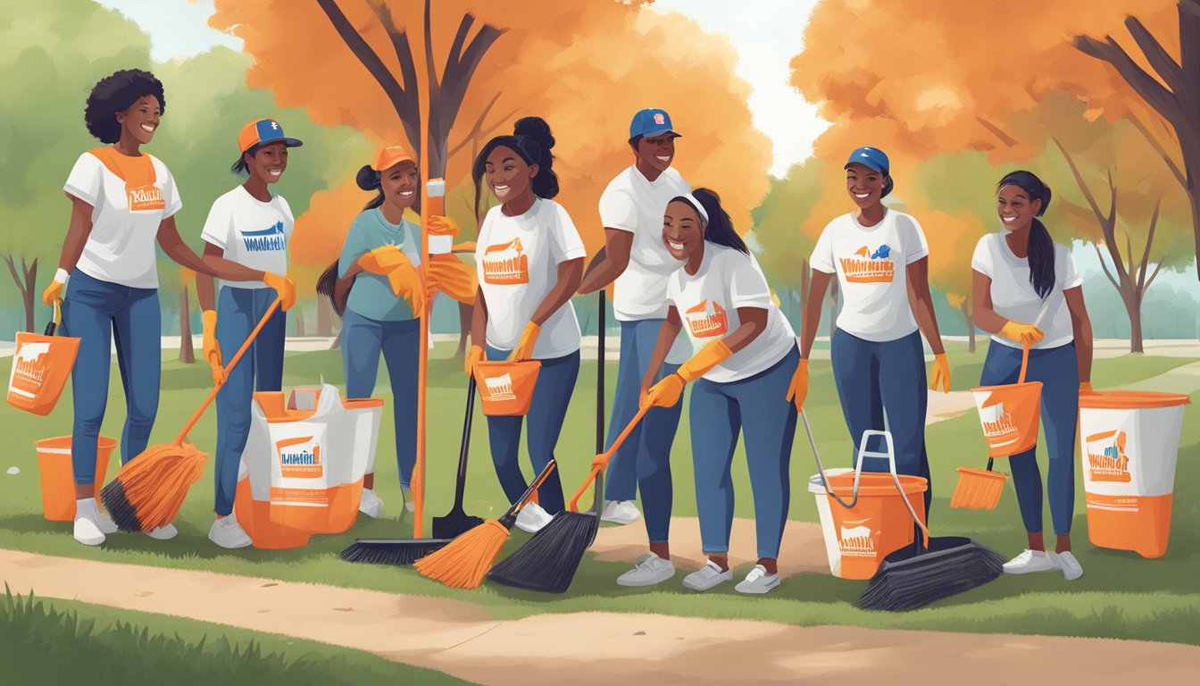 A group of people from different backgrounds volunteering and working together to clean up a local park, with the Whataburger logo visible in the background