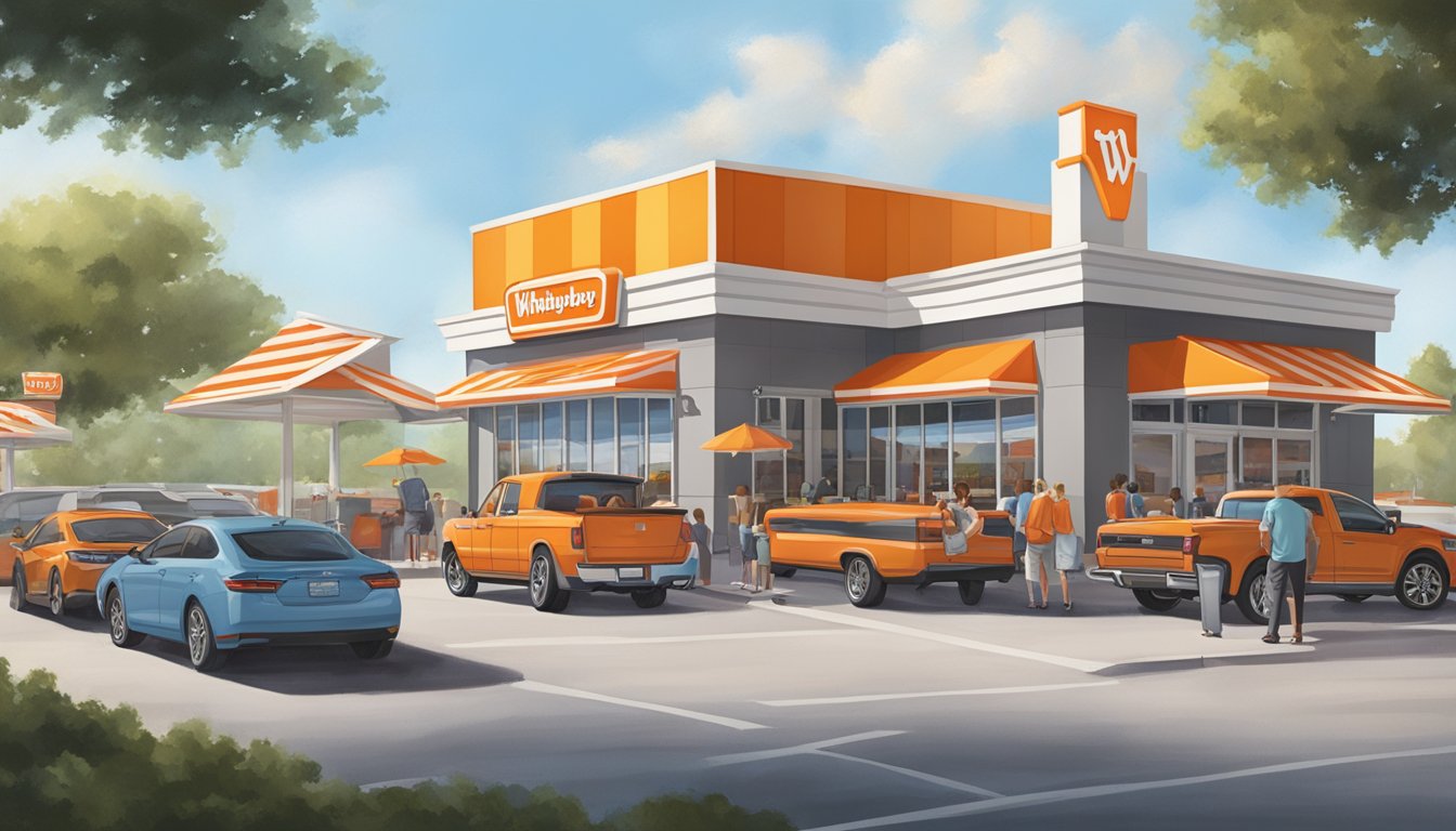 A bustling Whataburger restaurant with the iconic orange and white striped building, drive-thru lane, and outdoor seating area