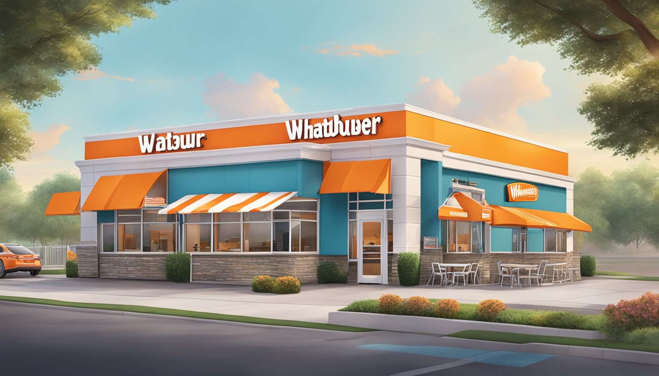 A Whataburger restaurant with a vibrant sign, drive-thru, and outdoor seating area