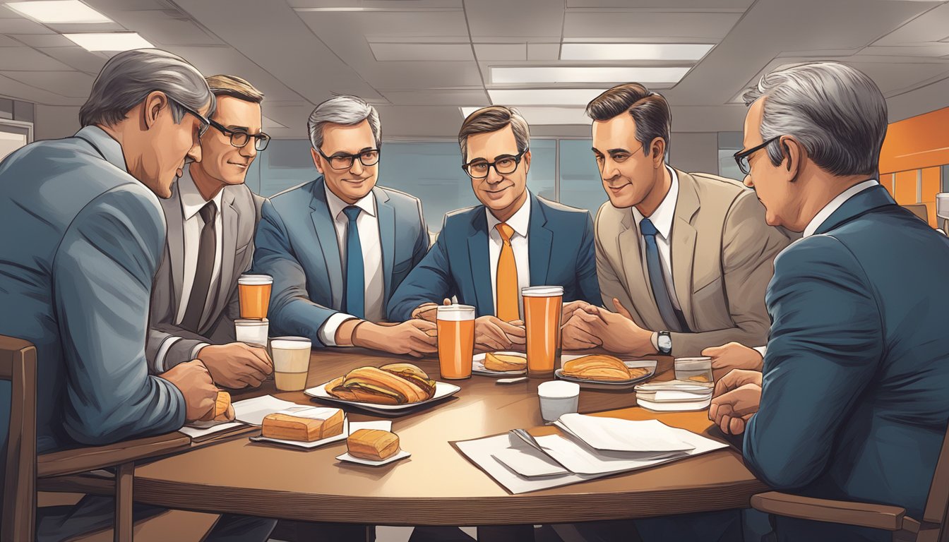 A group of corporate leaders gather around a table, discussing business strategy and plans for the future of Whataburger