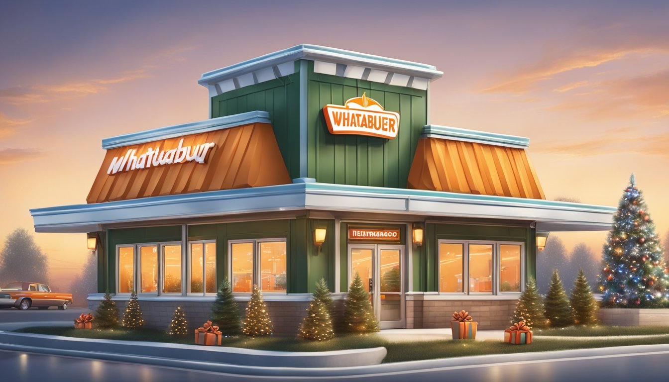 A festive Whataburger restaurant with holiday decorations, open sign, and a Christmas tree