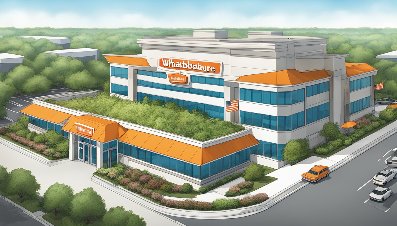 The corporate headquarters of Whataburger, with a modern building surrounded by lush landscaping and a large parking lot