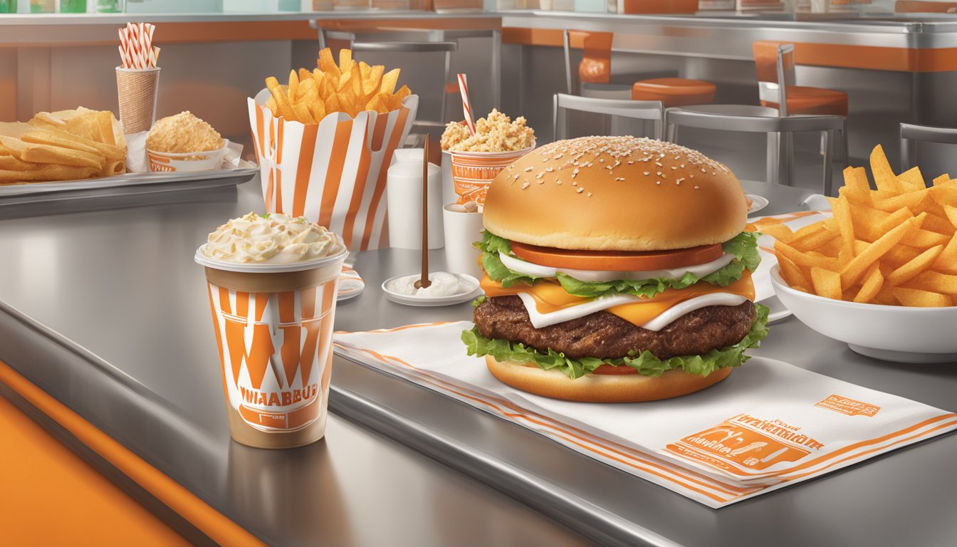 A festive Whataburger menu with holiday-themed items displayed on a counter