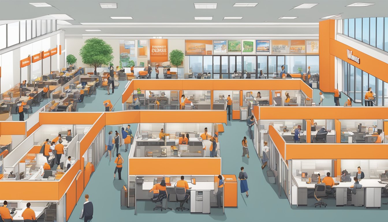 A bustling Whataburger corporate office with employees working at desks, a conference room filled with executives, and a cafeteria serving up delicious food