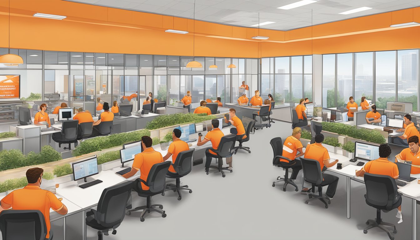 The Whataburger corporate headquarters bustling with employees in meetings, collaborating in open workspaces, and enjoying the on-site restaurant