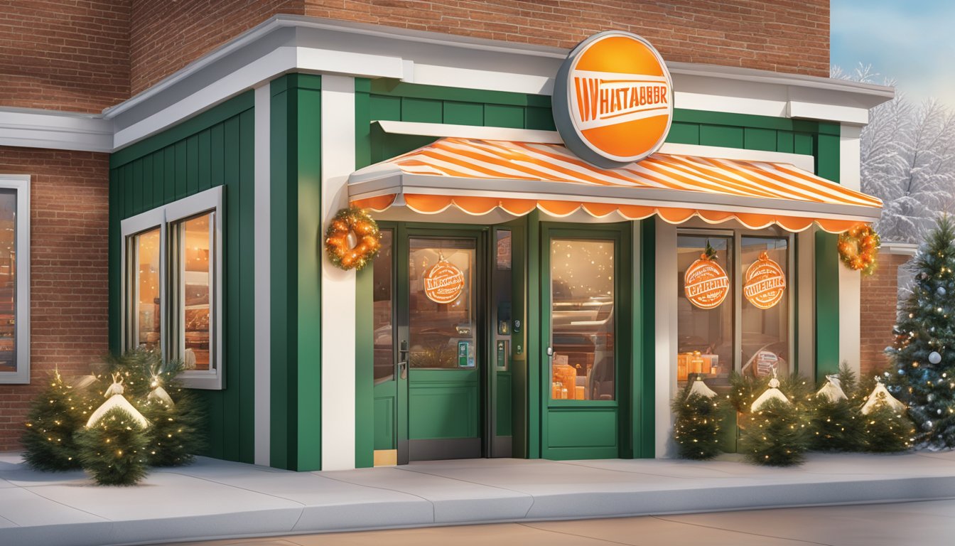 A Whataburger location with festive decorations and a "Open on Christmas Day" sign on the door