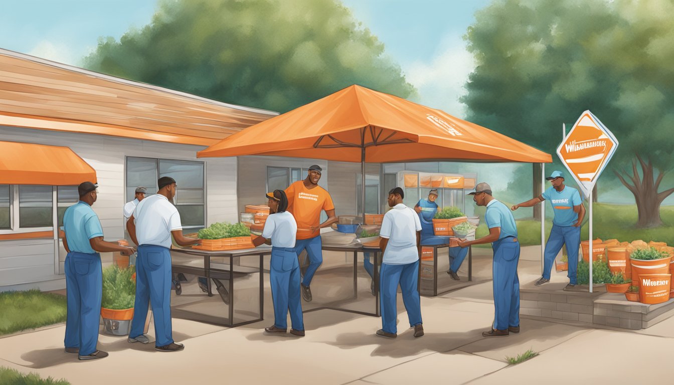 A group of people from the community and Whataburger corporate team working together on a community project