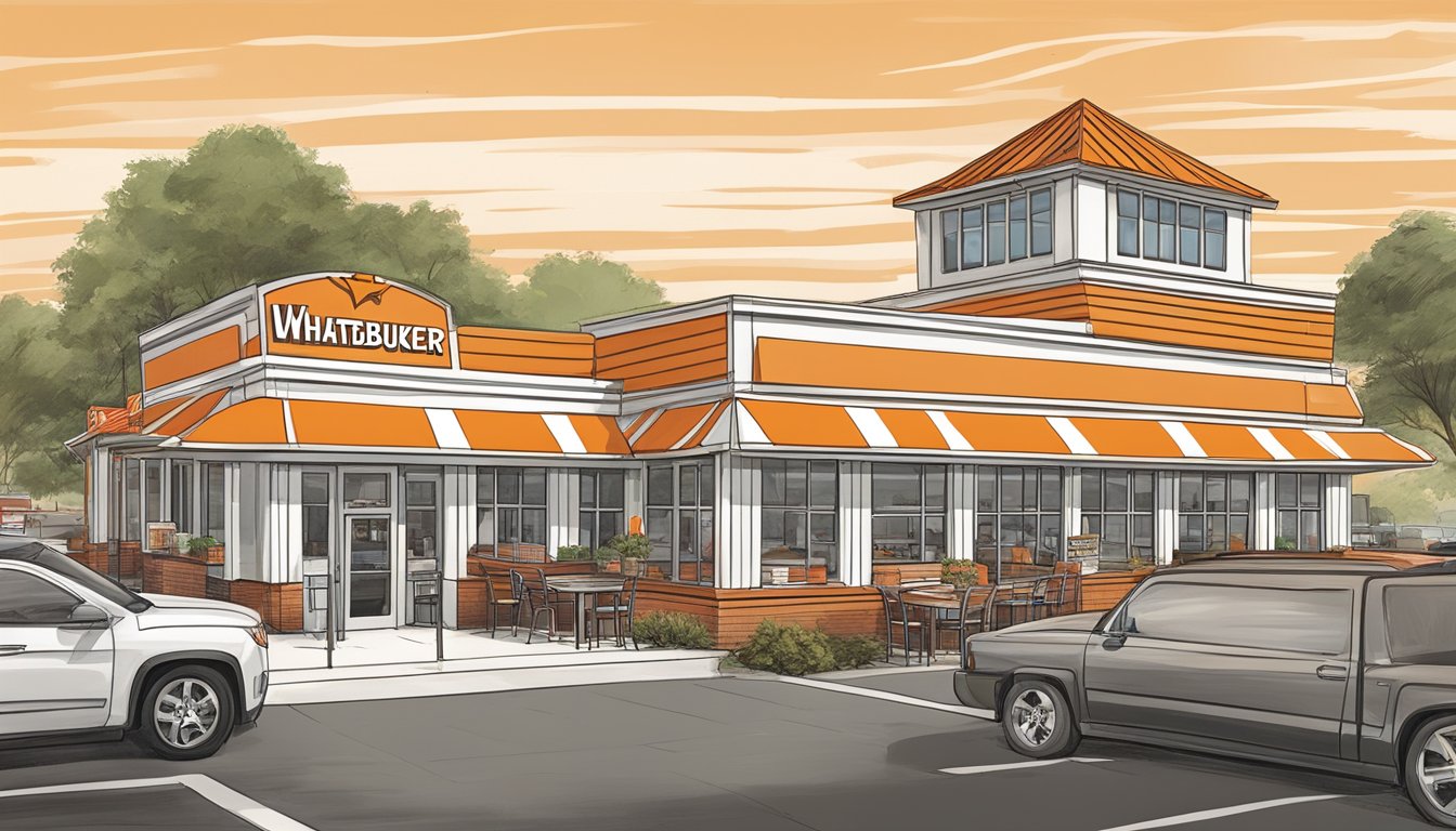 A bustling Whataburger restaurant in Liberty, MO with a drive-thru, outdoor seating, and the iconic orange and white striped building