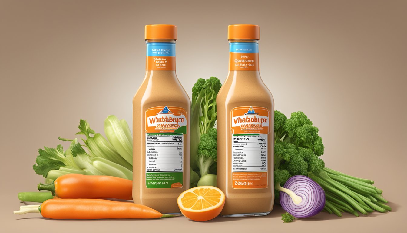 A bottle of Whataburger creamy pepper sauce surrounded by fresh vegetables and a nutrition label