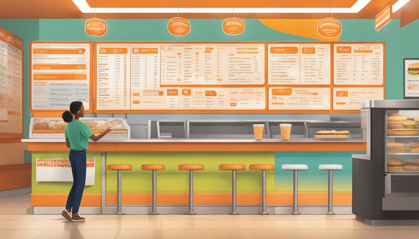 A customer standing in front of a colorful menu board at Whataburger, pointing and reading the options. The interior is filled with warm lighting and the counter staff are visible in the background