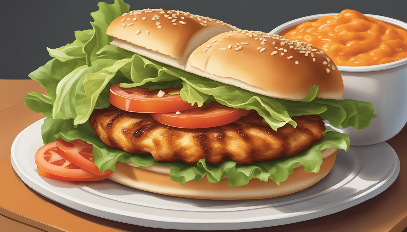 A sizzling Whataburger grilled chicken sandwich on a toasted bun, topped with fresh lettuce, ripe tomato, and a dollop of zesty sauce