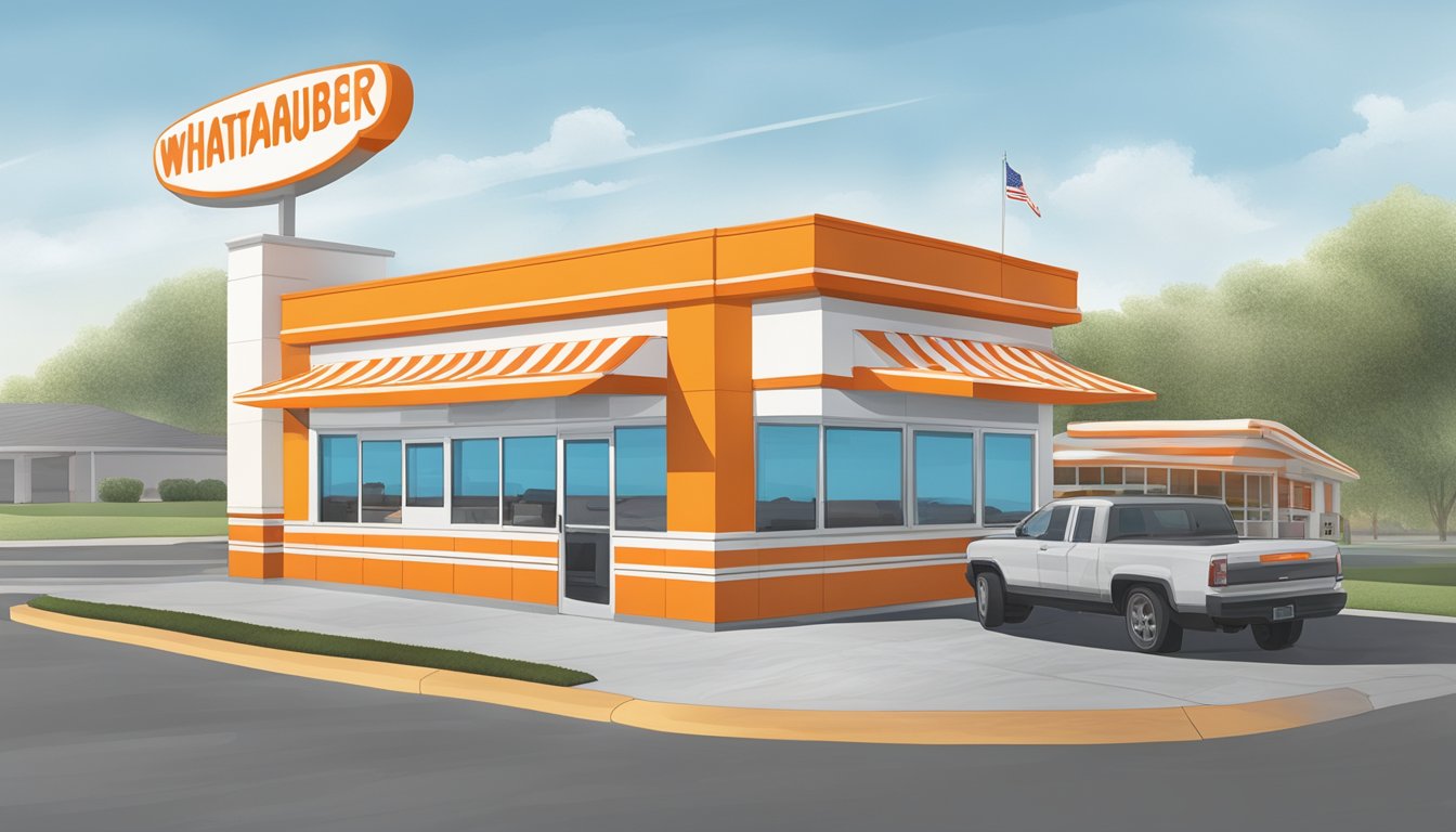 A Whataburger restaurant in Liberty, Missouri, with the iconic orange and white striped building and a drive-thru lane