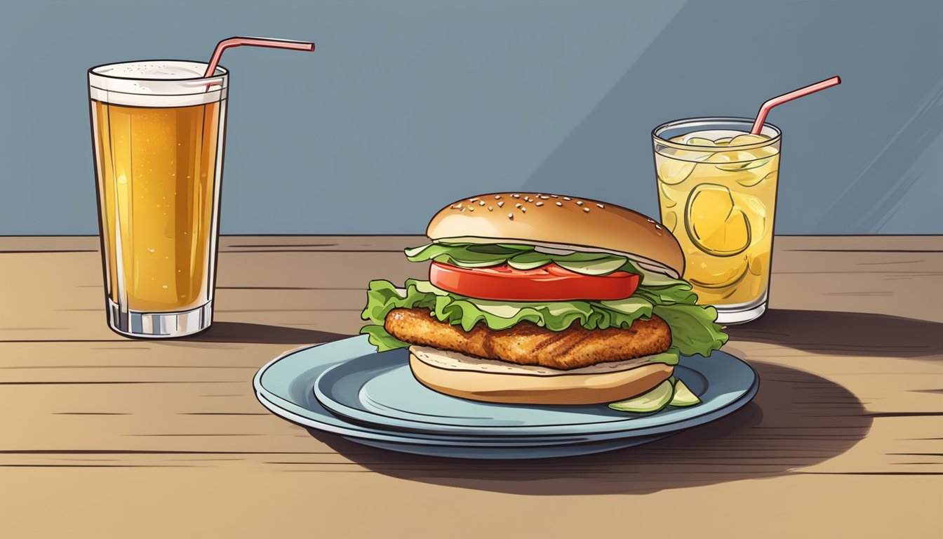 A grilled chicken sandwich with lettuce, tomato, and a toasted bun, served with a side of pickles and a drink