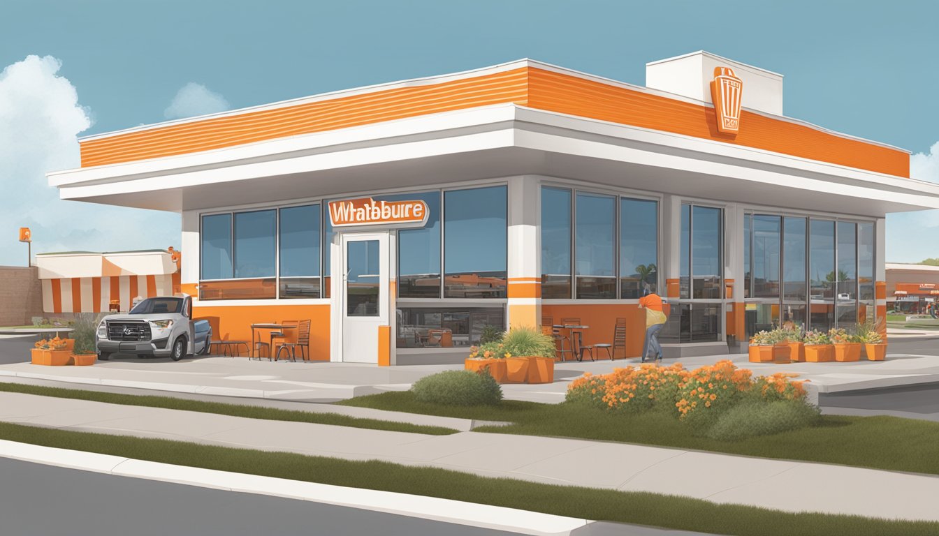 A bustling Whataburger restaurant in Liberty, MO with a drive-thru, outdoor seating, and a distinctive orange and white striped building