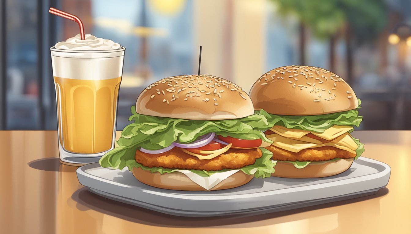 A grilled chicken sandwich with lettuce, tomato, and mayonnaise on a sesame seed bun, served with a side of fries and a drink