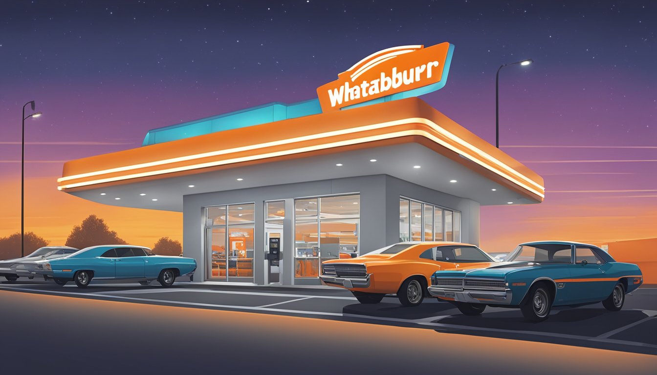 A modern drive-thru at a Whataburger in Liberty, MO, with cars lined up under bright lights and a sleek, high-tech ordering system