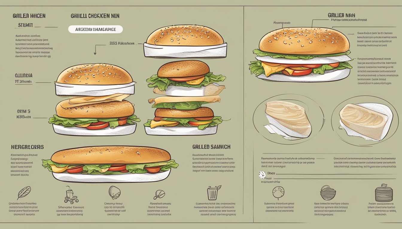 A grilled chicken sandwich with allergen and dietary information symbols displayed