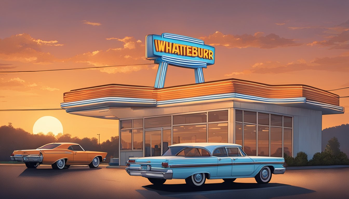 A vintage Whataburger sign stands tall against a Tennessee sunset, with a line of cars wrapped around the drive-thru