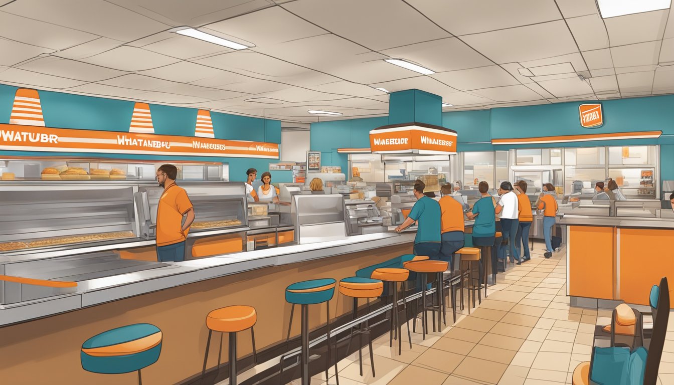 A bustling Whataburger restaurant in Liberty, MO, with customers enjoying their meals and employees working diligently behind the counter