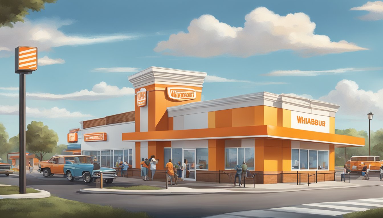 A bustling Whataburger restaurant in Tennessee, with customers enjoying their meals and engaging in lively conversations. The iconic orange and white striped building stands out against the backdrop of the surrounding community