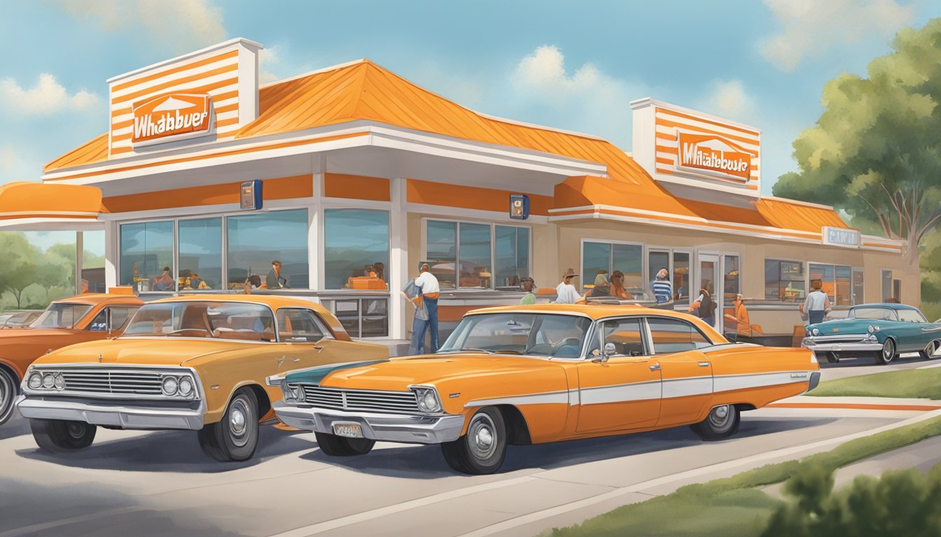 A bustling Whataburger restaurant in Tennessee, with a drive-thru line of cars and a lively dining area filled with customers enjoying their meals