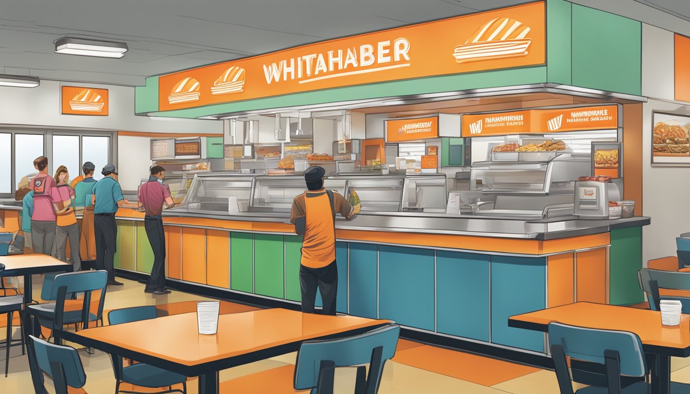 A bustling Whataburger restaurant with a colorful menu board and customers ordering from the convenience services counter