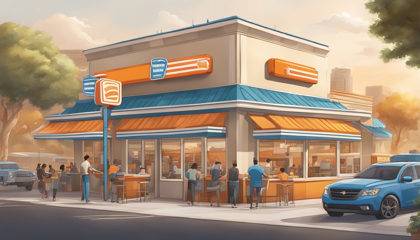 A bustling Whataburger restaurant surrounded by diverse community landmarks and cultural symbols