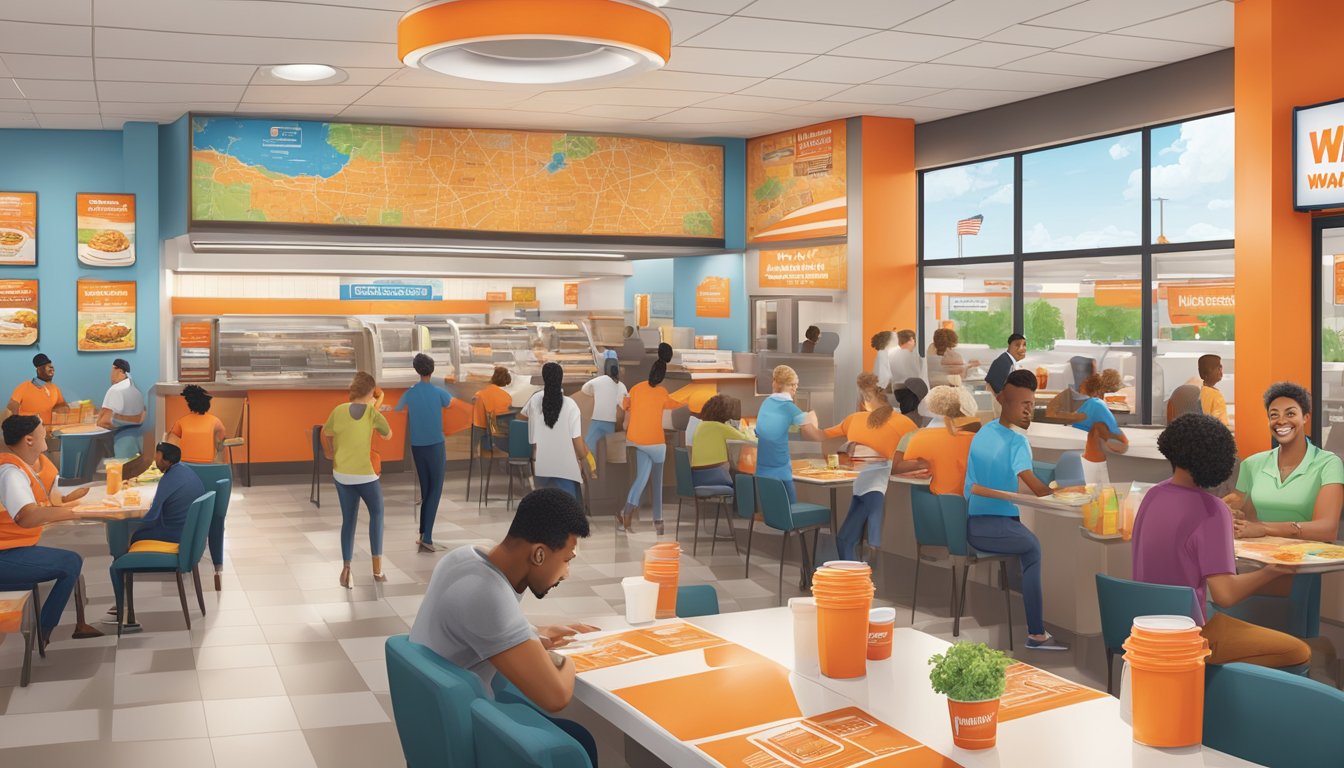 A bustling Whataburger restaurant with a colorful map on the wall, showcasing various career opportunities. Customers and employees are visible in the background