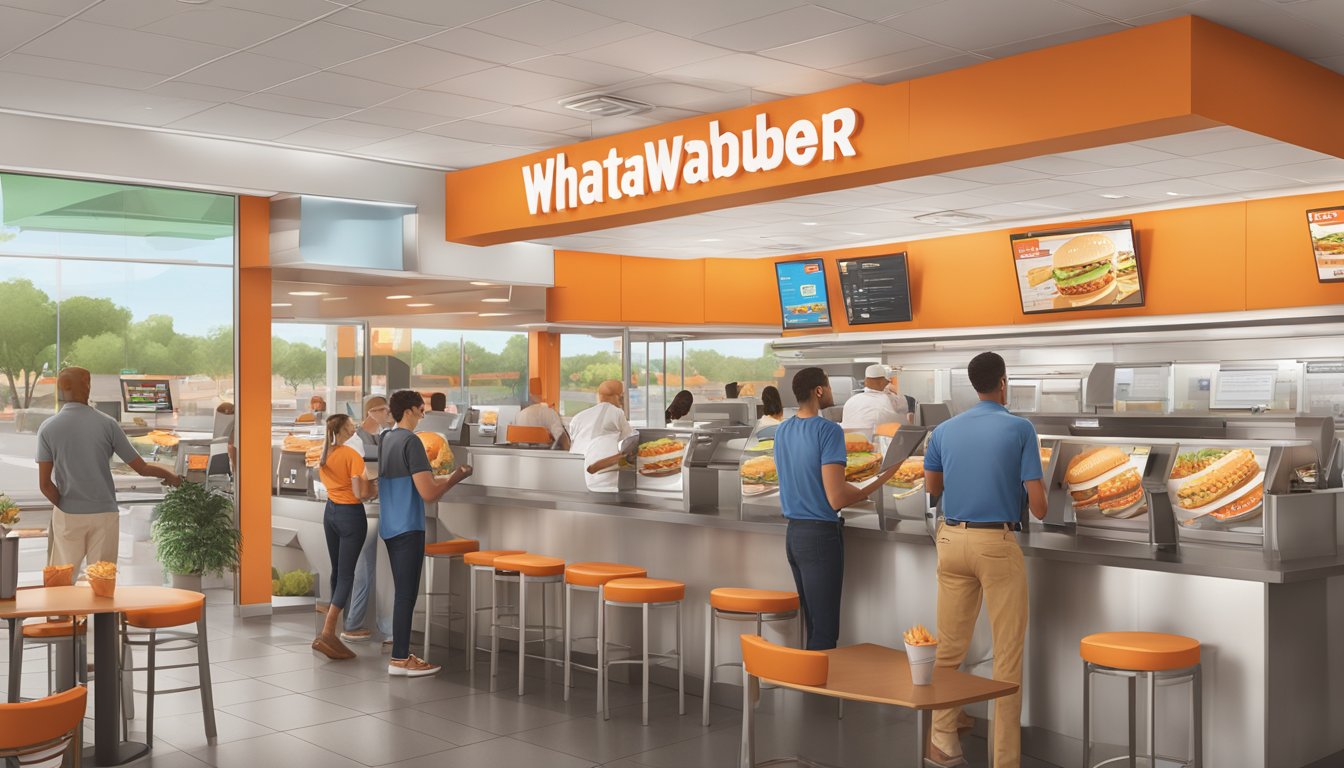 A bustling Whataburger restaurant with a map of customer engagement and loyalty programs displayed on a digital screen near the entrance