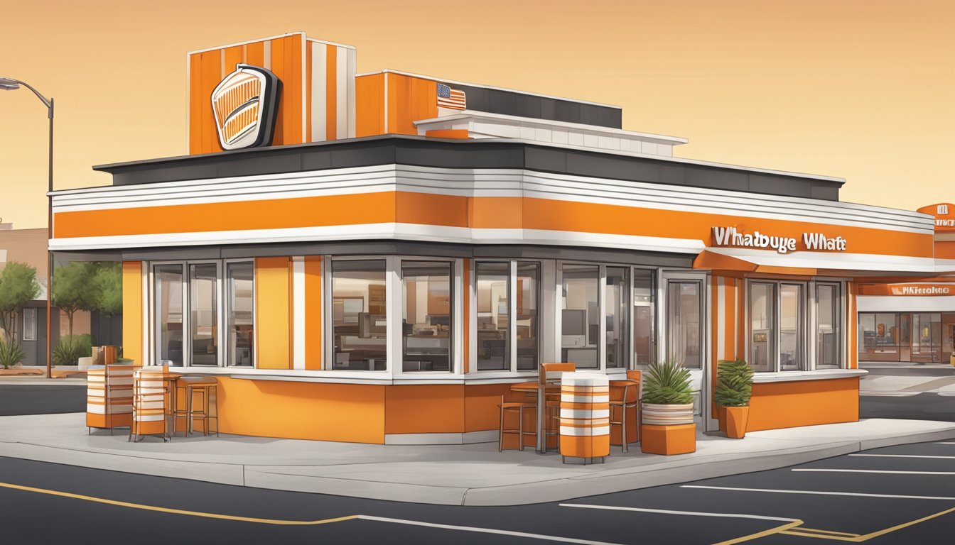 A bustling Whataburger restaurant in Albuquerque, with the iconic orange and white striped building and the familiar logo on the sign