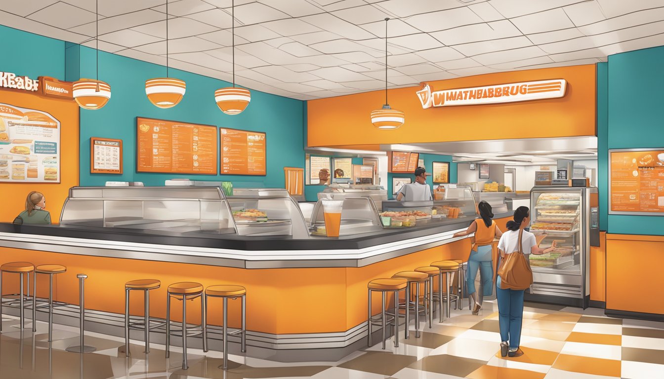 A bustling Whataburger restaurant in Albuquerque, with colorful menu highlights displayed on the wall and customers ordering at the counter