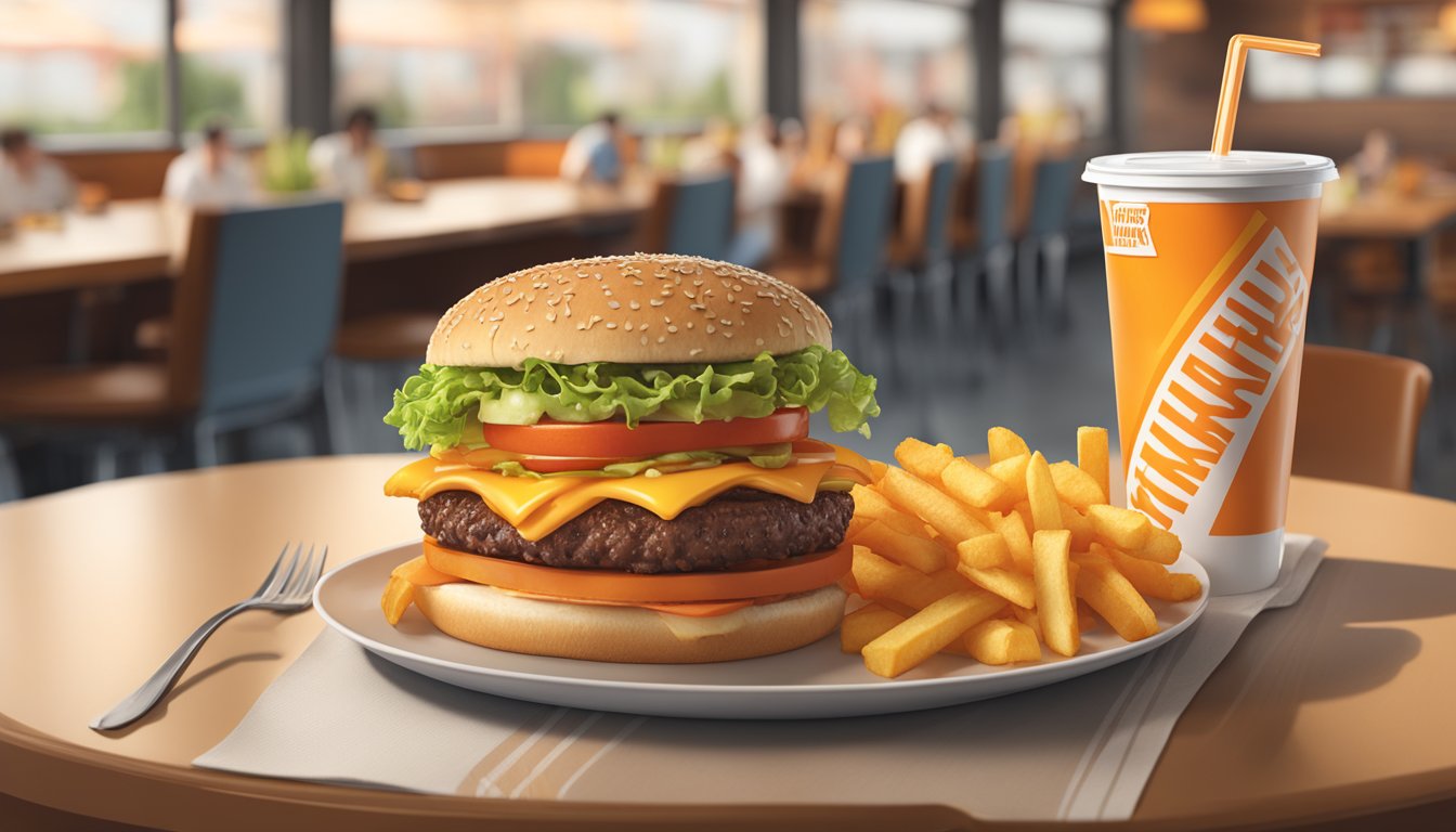 A table with a Whataburger meal, including a burger, fries, and a drink, with the nutritional information displayed on the packaging