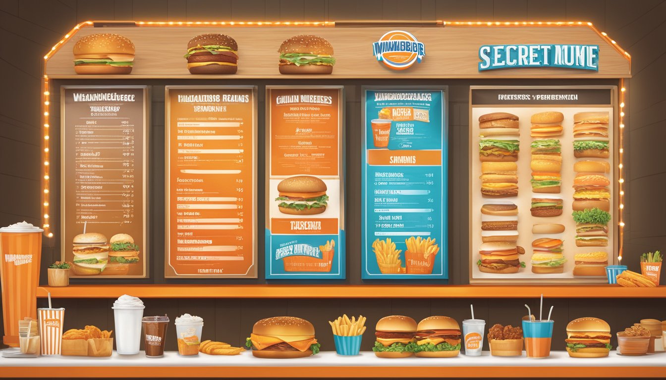 A colorful menu board displays various customization options for Whataburger's secret menu items