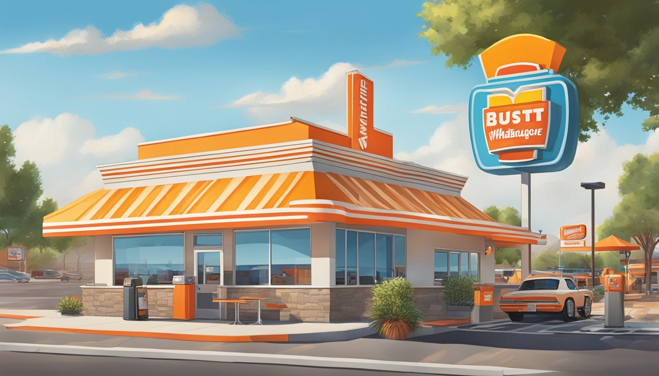 A bustling Whataburger restaurant in Albuquerque, with a drive-thru, outdoor seating, and a colorful sign