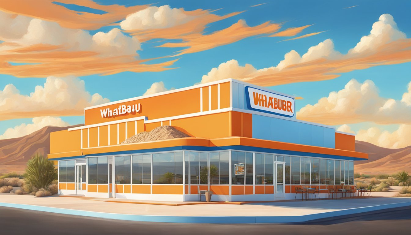 A Whataburger restaurant in Albuquerque, with a distinctive orange and white striped exterior, surrounded by desert landscape under a bright blue sky