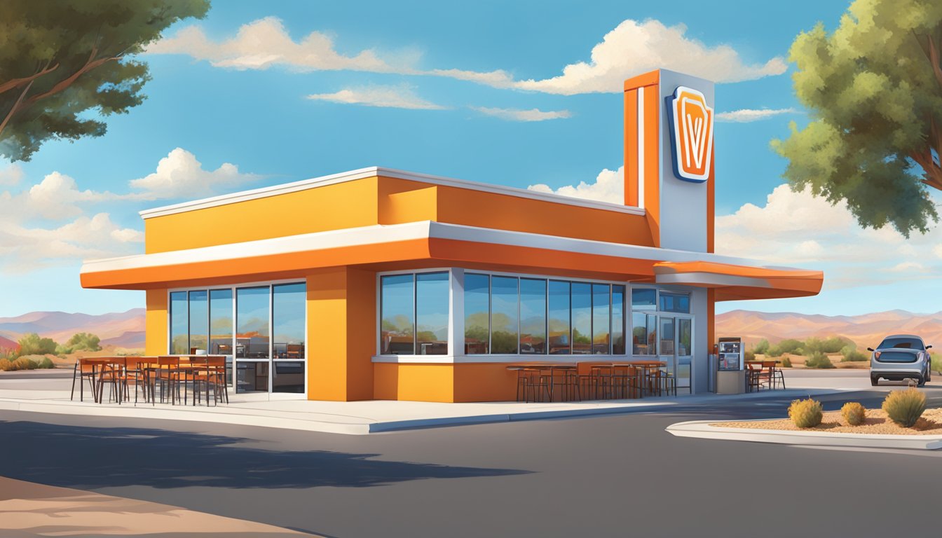 A bustling Whataburger restaurant in Albuquerque, with a drive-thru line and outdoor seating, surrounded by desert landscape under a bright blue sky