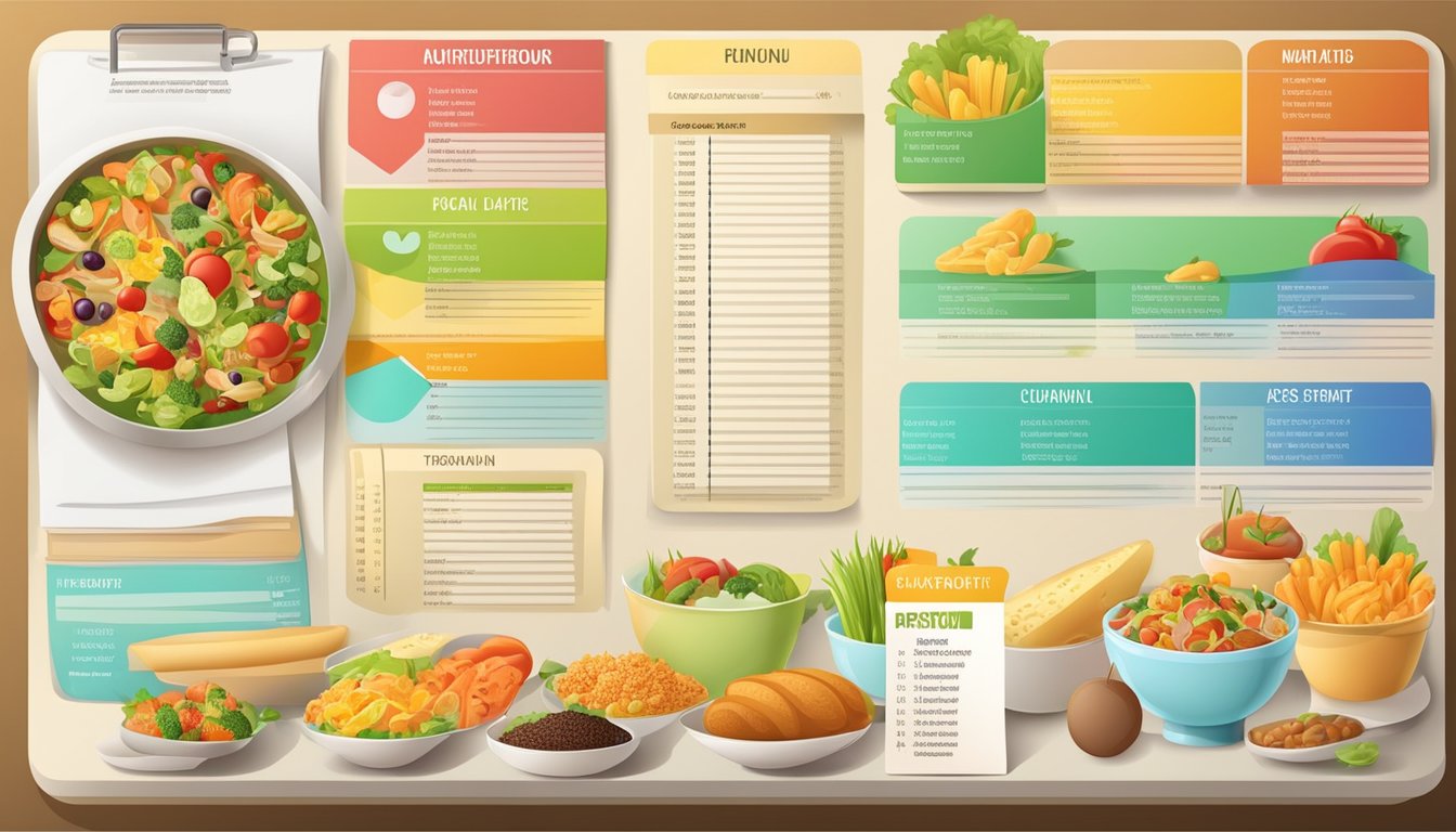 A colorful menu board with various food items and their nutritional information displayed