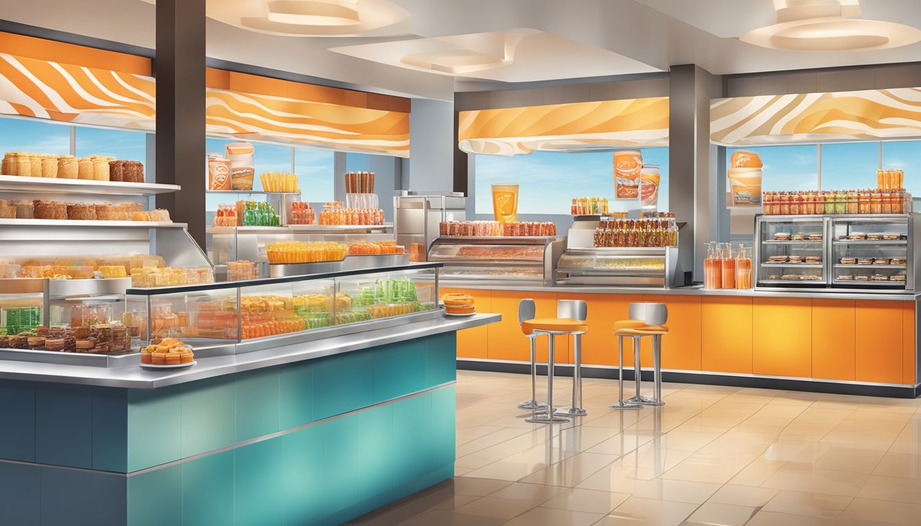 A colorful array of extravagant drinks and desserts displayed on a sleek, modern counter at a Whataburger restaurant