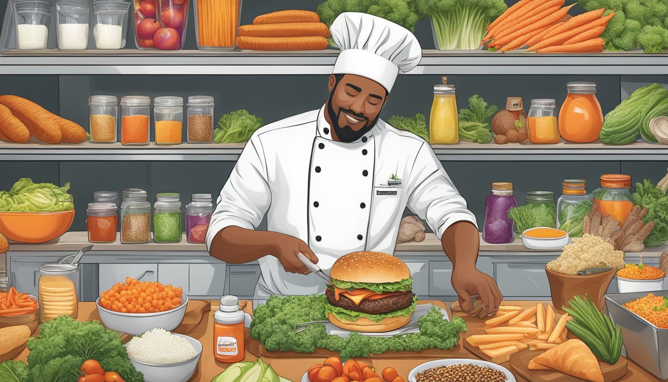 A chef adding unique ingredients to a Whataburger meal, surrounded by a variety of fresh produce and seasonings