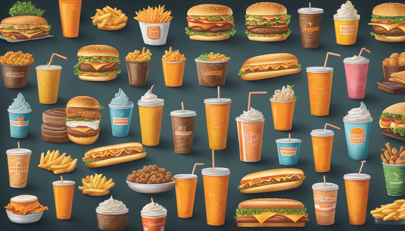 A colorful chalkboard displays regional favorites and seasonal specials at Whataburger