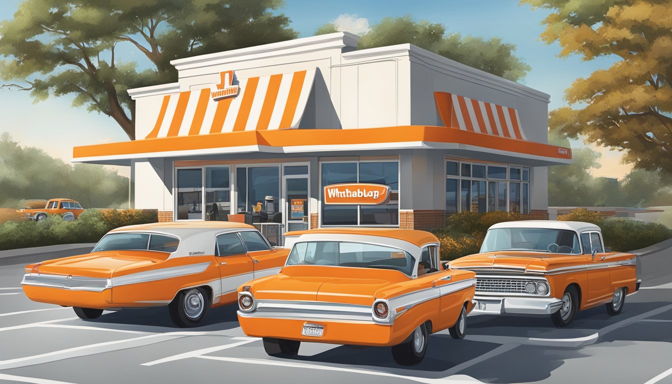 A bustling Whataburger restaurant in Texas, with a classic orange and white striped building, a drive-thru, and a large sign with the iconic "W" logo